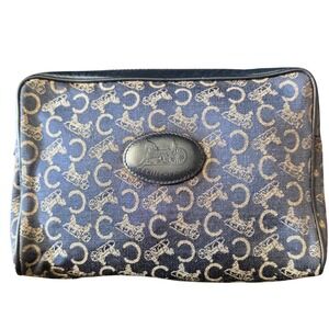 Celine Paris C Sulky Monogram Toiletry Clutch Pouch Navy Blue Jacquard Leather